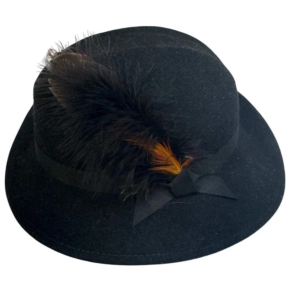 Vintage Lancaster Black 100% Wool Fedora Hat Feather Accent Made USA Unisex